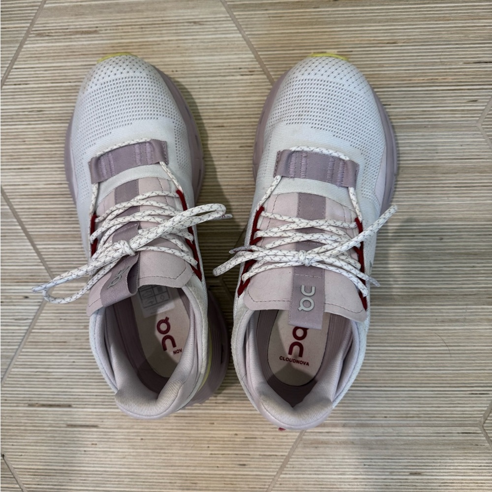On Running White and lavender with Red Athletic Shoes